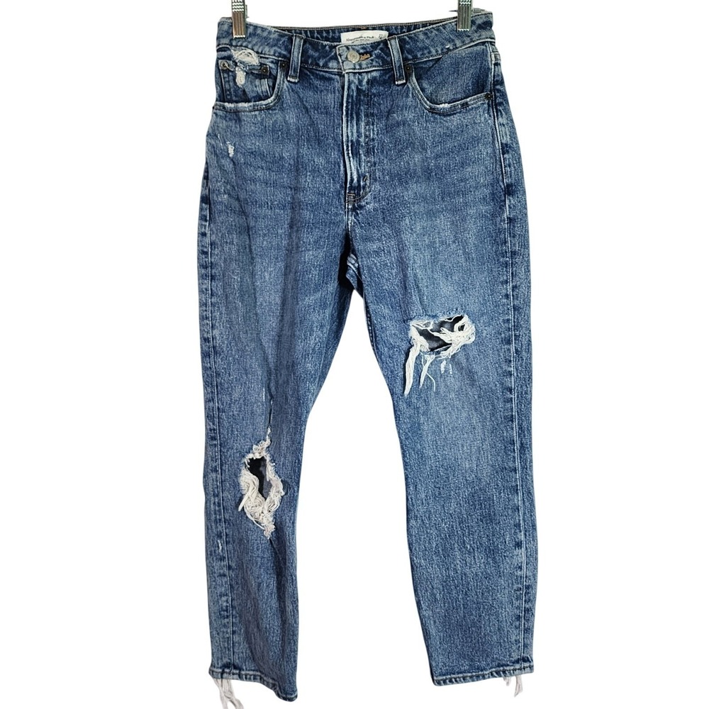 Abercrombie & Fitch Women 27 4 Short High Rise Mom Jeans Curve Love Blue Raw Hem